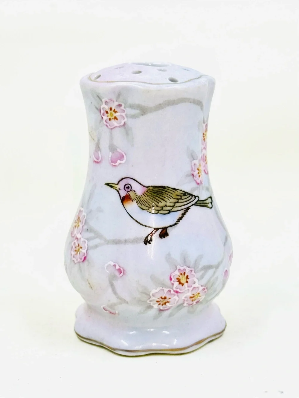 Vintage Porcelain Hand Painted Hat Pin Holder W/Bird & Cherry Blossoms 4”X2.25”